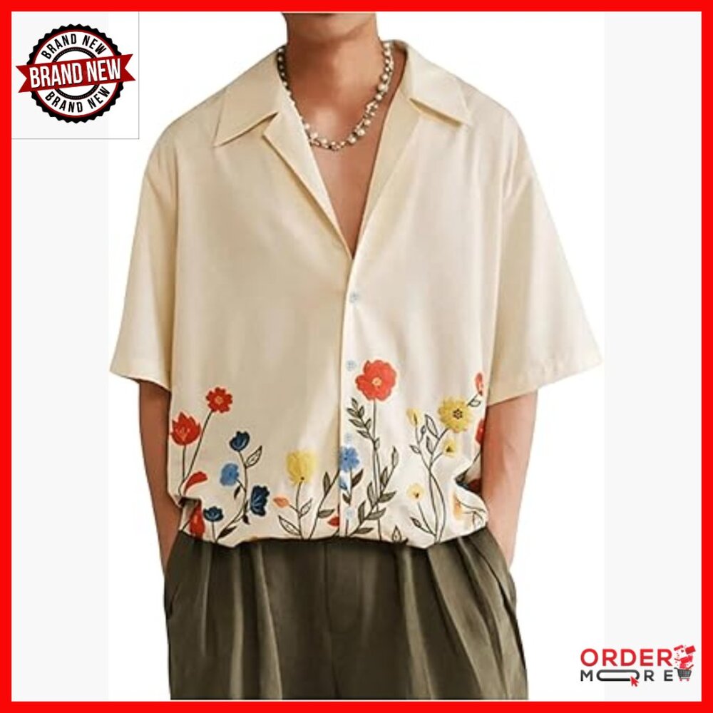 Men's Floral Short Sleeve Button Down Shirt Drop Shoulder Casual Beach